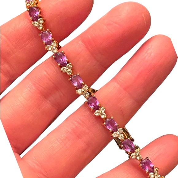 Sterling silver 925 Gold plt DBJ Thai CZ Simulated Amethyst tennis bracelet - Picture 11 of 12